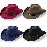 Mumufy 4 Pcs Classic Western Cowboy Hat Men Felt Wide Brim Hats Women Belt Buckle Cap for Adults