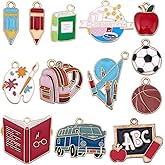 SUNNYCLUE 1 Box 39Pcs 13 Styles Back To School Charms Enamel Pencil Charm Alloy Book Blackboard Student Teacher School Bus Bag Football Pendants for Jewelry Making Earring Necklaces Bracelet Key Chain