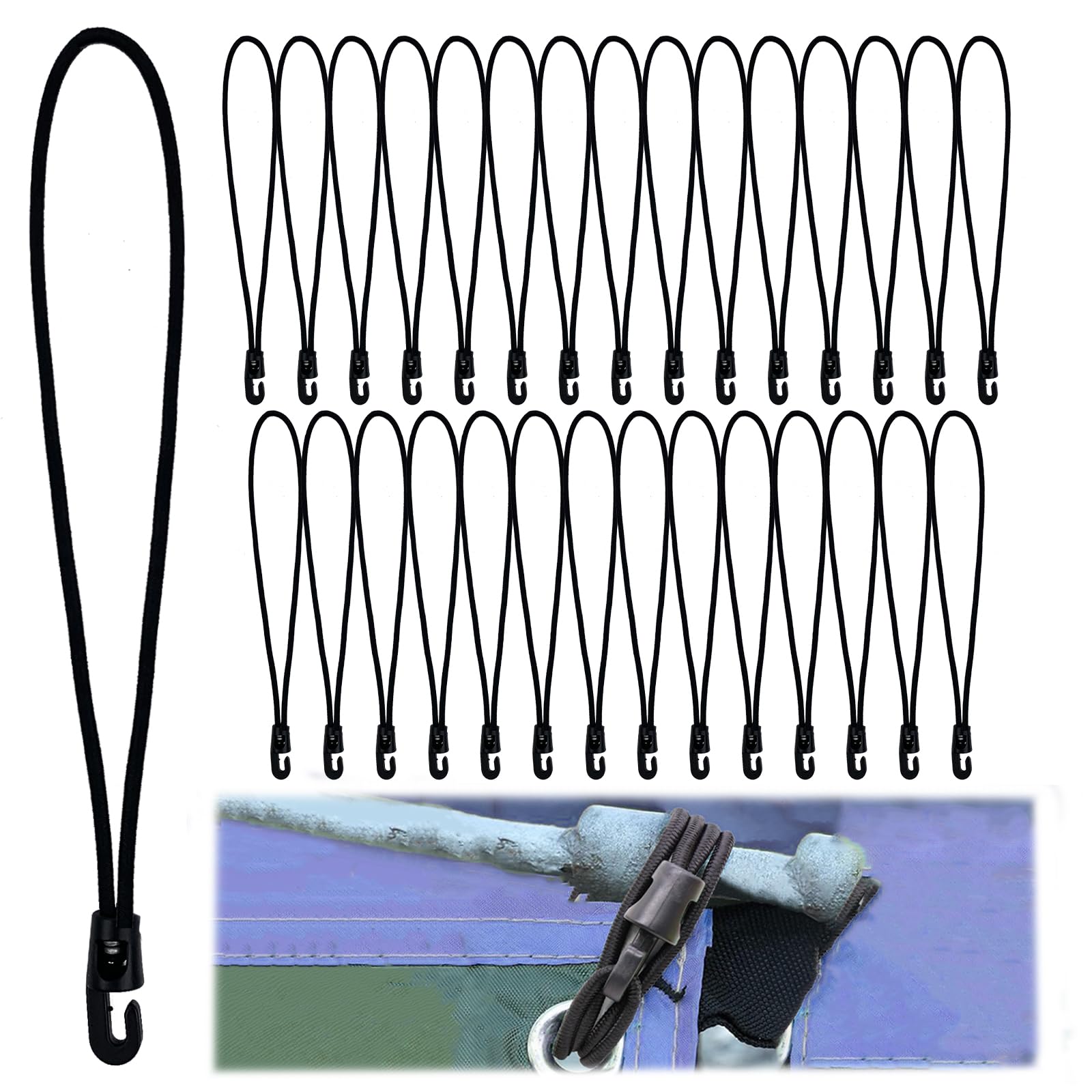 30 Pcs Bungee Cords with Hooks, 10 Inch(25cm) Black Bungee Cords Short Tarpaulin Hooks, Heavy Duty Bungees with Hooks Elastic Bungee Cord for Outdoor Camping, Tarps, Tents, Luggage, Cargo
