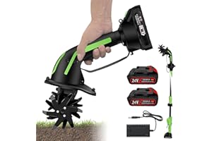 24V Cordless Tiller Cultivator, 2-in-1 Handheld & Extension Rod, 4'' Width & Depth, 235RPM Electric Garden Tiller, 2×1.5Ah Ba