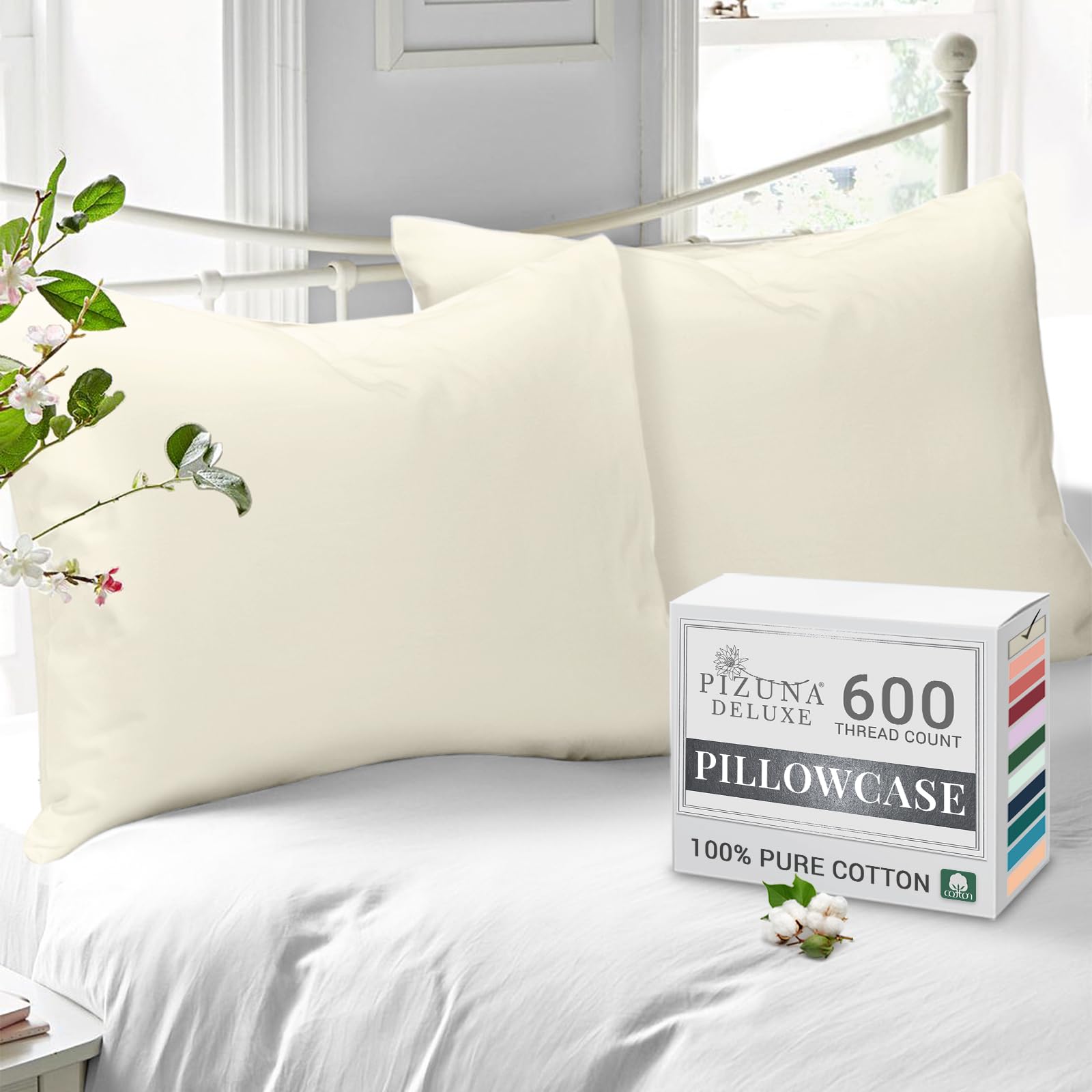 Pizuna Pure Combed Cotton Housewife Pillowcases 2 Pack Ivory 48x74cm, 600 Thread Count 100% Long Staple Combed Cotton Pillow Cover, Soft Sateen Housewife Pillow Cases (100% Cotton Pillowcase)