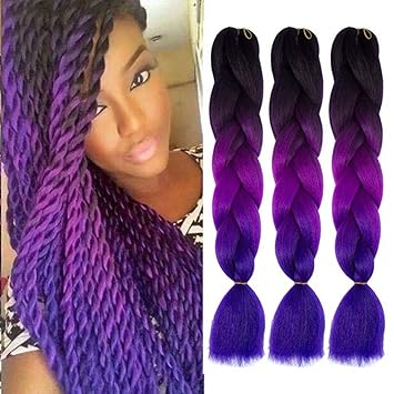 Haarverlangerung Kunsthaarzopfe Extra Gross Geflochtene Zopfe Dreifarbig Mit Ombre Effekt Schwarz Lila Blau 3 Stuck 100 G Pro Stuck 61 Cm Amazon De Beauty