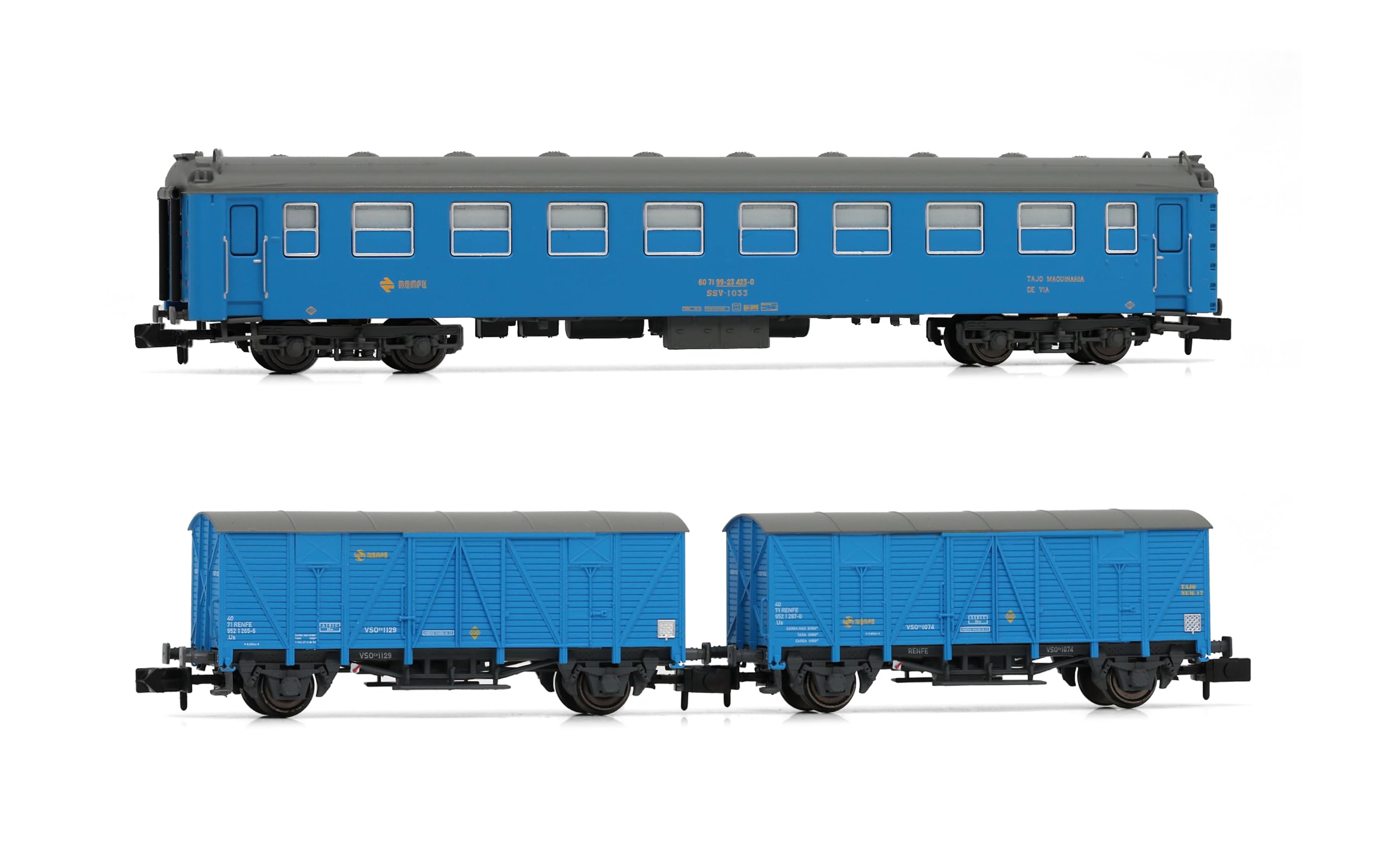 ARNOLD HN4457 RENFE, 3-unit set Tajo de Vía, type 5000 coach + 2 x J3 wagons, blue livery, ep. IV-V Rolling Stock - Coaches