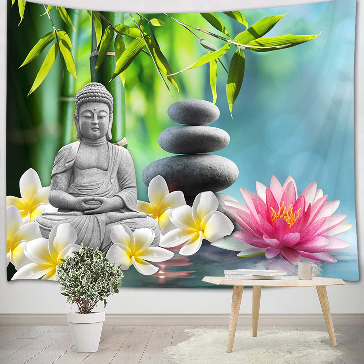 LB Zen Tapestry Green Bamboo Forest Wall Tapestry White Orchid Pink Flower Wall Hanging Tapestries for Living Room Bedroom Dorm Party Wall Decor,78x59 inches