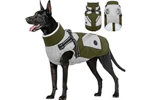 FUAMEY Dog Jackets-Dog Coat with Harness Built in-Waterproof Dog Jacket-Dog Winter Coat with Zipper On Back-Snowsuit Pet Clothes Poop Bag Pockets-Reflective Dog Vest for Extra Large Dogs Green XL