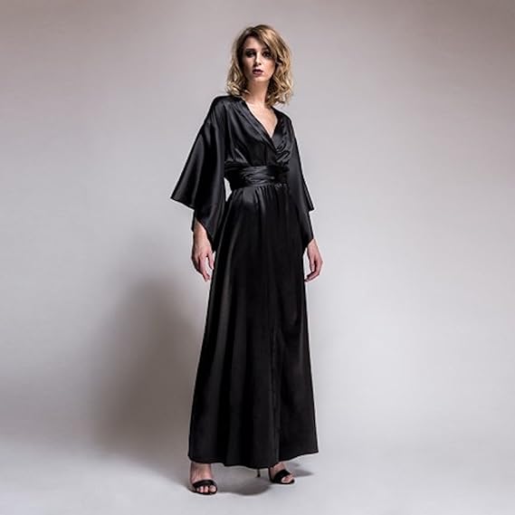 Emma Harris Lingerie Tamara Black Silk Long Robe Medium Black