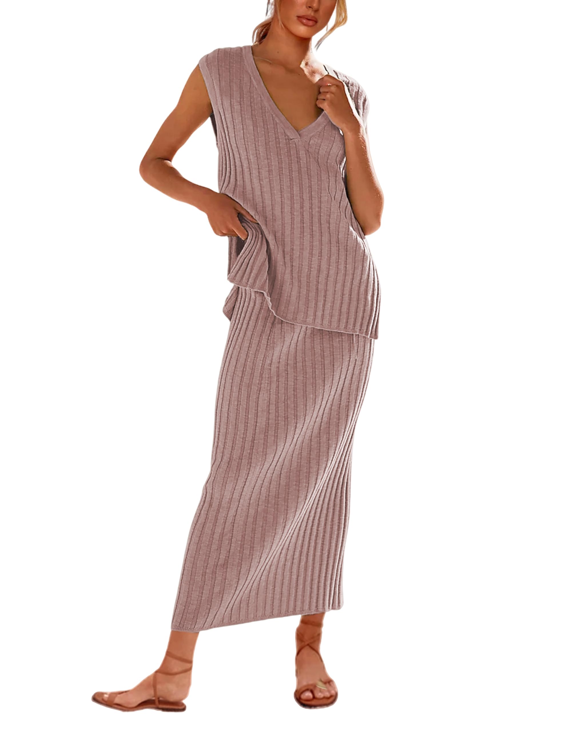 Photo 1 of SCUSTY Women's 2 Piece Sweater Skirt Sets Sleeveless V Neck Knit Ribbed Vest Tops Midi Skirt(Pink-M)