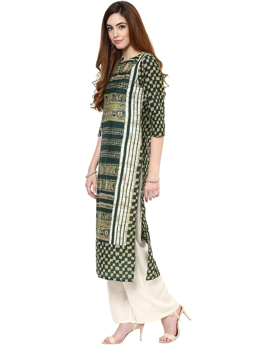 jaipur kurti cotton complete set of green kurta and off white rayon palazzo