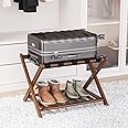 Smart FENDEE Fully Assembled Walnut Bamboo Luggage Rack with Shoe Shelf, Folding Suitcase Stand with 5 Heavy-Duty Straps, Large Wooden Luggage Holders for Guest Room, Ideal for Bedroom, Hotel