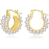 Gold Pearl Earrings for Women Hypoallergenic Sterling Silver Post Gold Pearl Hoop Earrings Pearls Earings for Women Jewelry Gifts