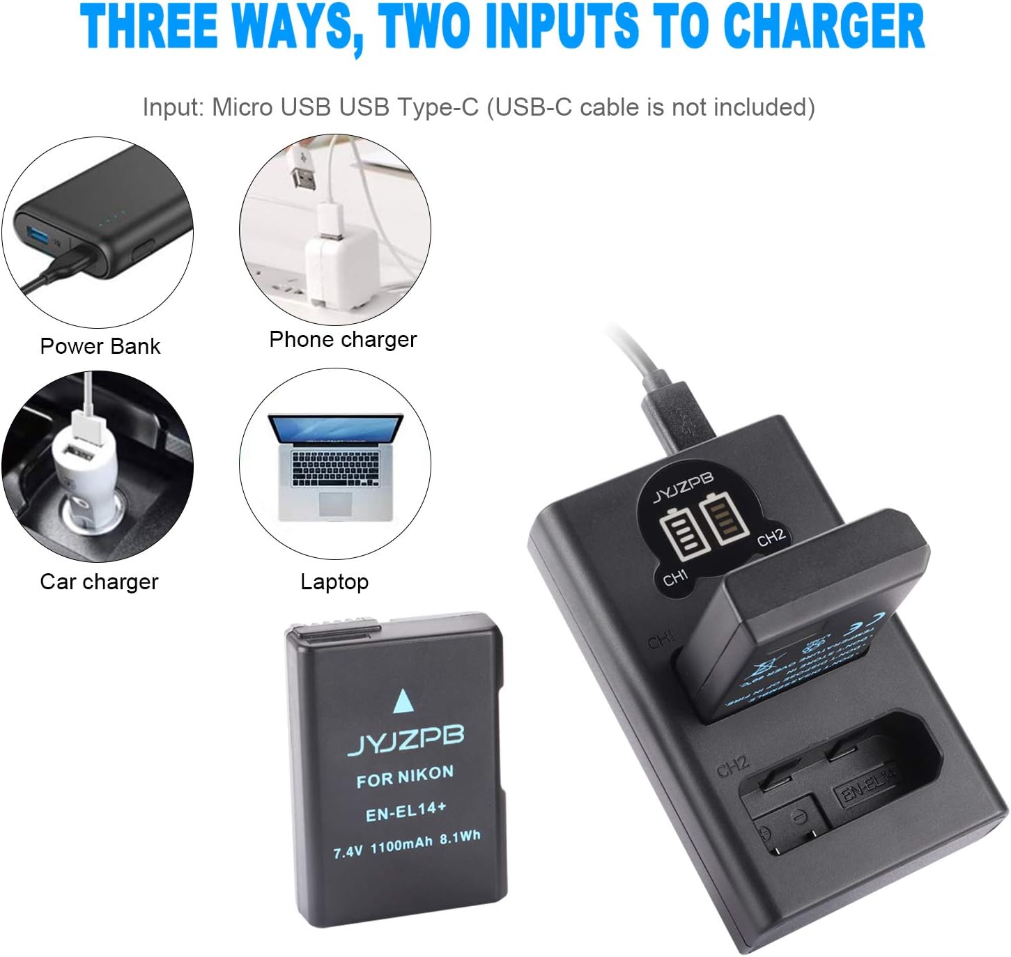 JYJZPB 2 Pack EN-EL14 EN-EL14a Battery & LCD Dual Charger Set for Nikon D3500 D3200 D5500 D5600 D5100 D3100 D3300 D3400 D5300 DF D5200 Coolpix P7000 P7100 P7700 P7800 - Image 4