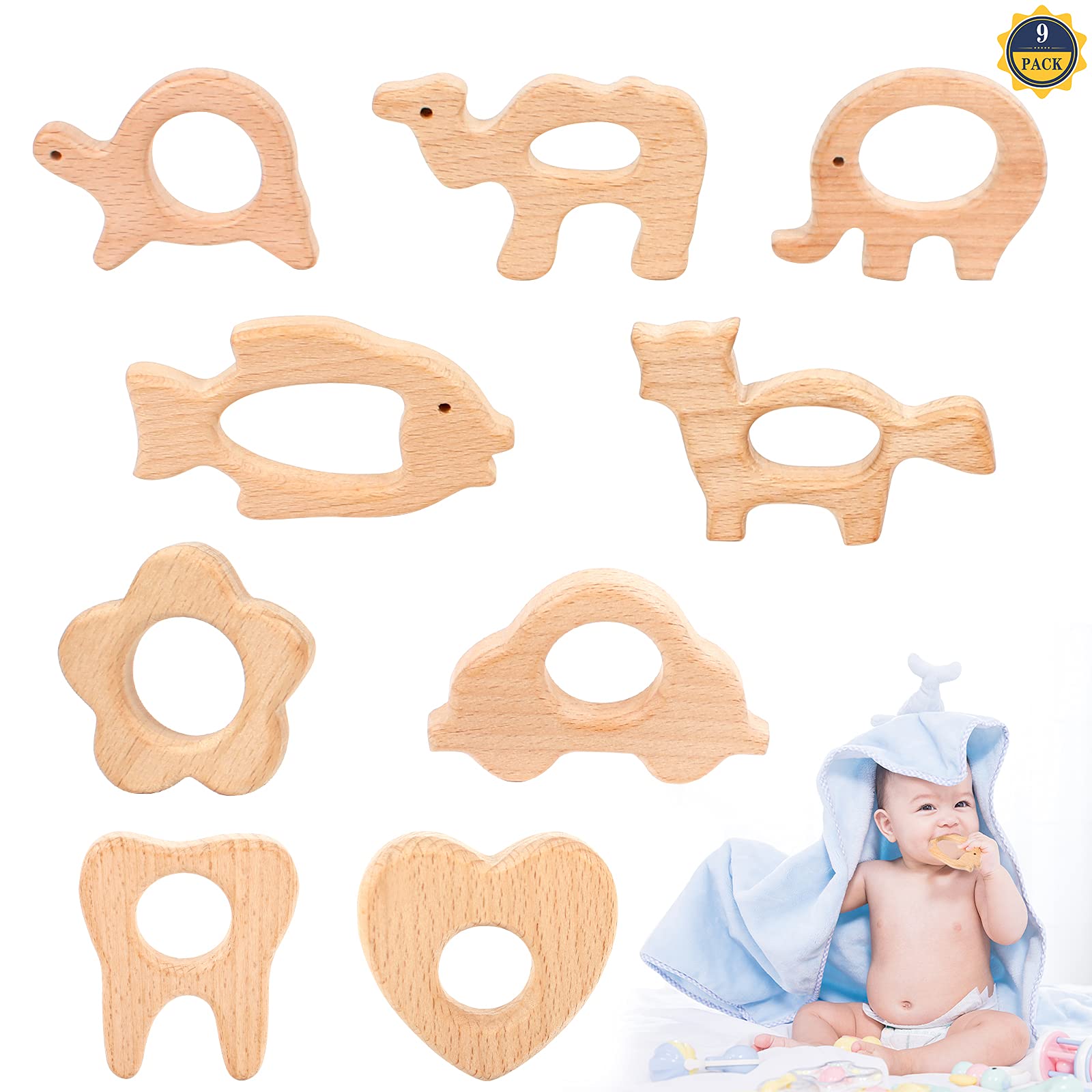 9 PCS Wooden Baby Teether Wooden Teething Ring Natural Wooden Animal Teethers Toys Montessori Style Pain Relief Teething Wooden Teether for Baby DIY Pendant Decorations (9 Shapes)