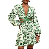 Floerns Women's Tropical Bishop Sleeve Mini Dress Cut Out Tie Back V Neck Beach A Line Dresses