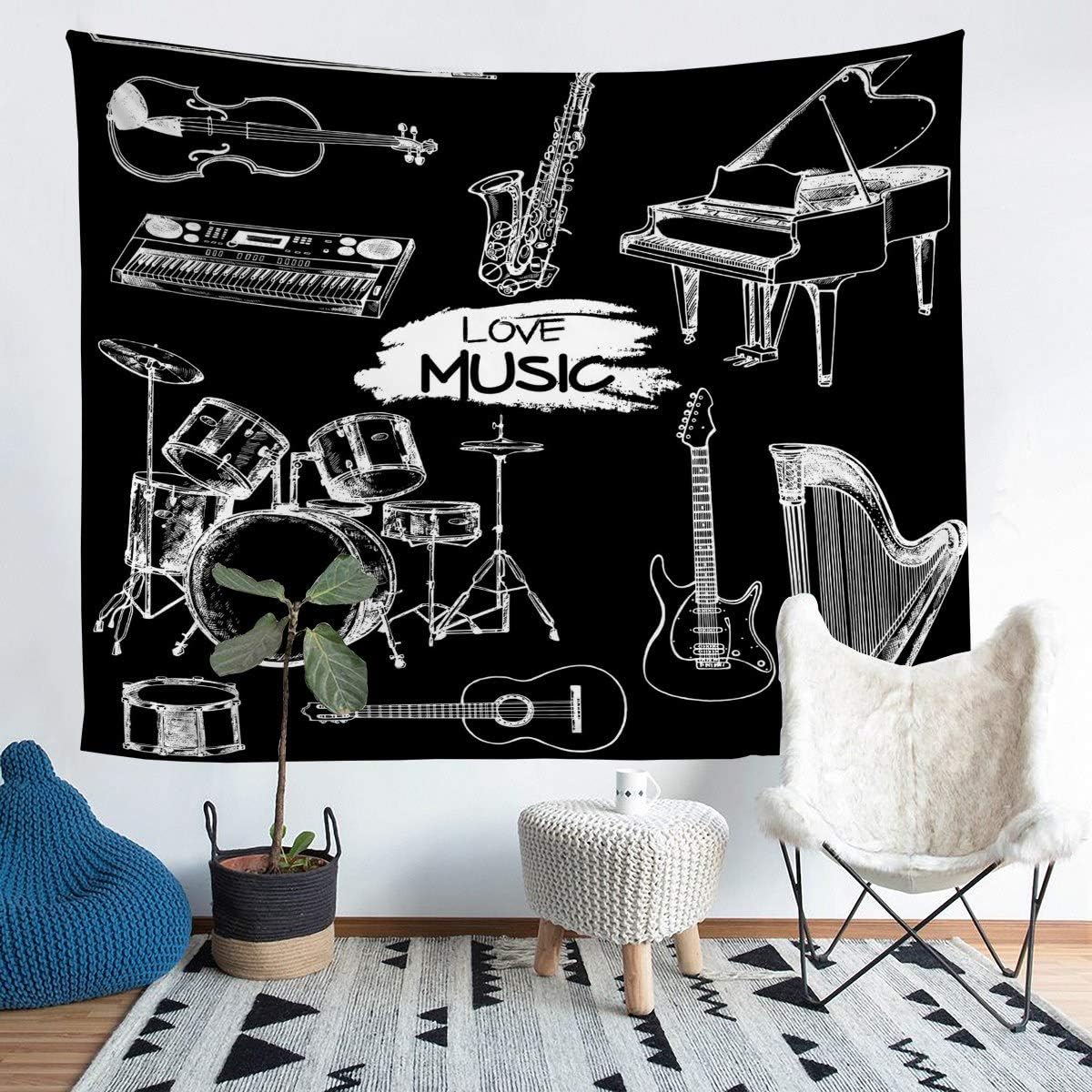 Guitar Tapestry for Children Drum Kit Piano Music Themes Wall Hanging