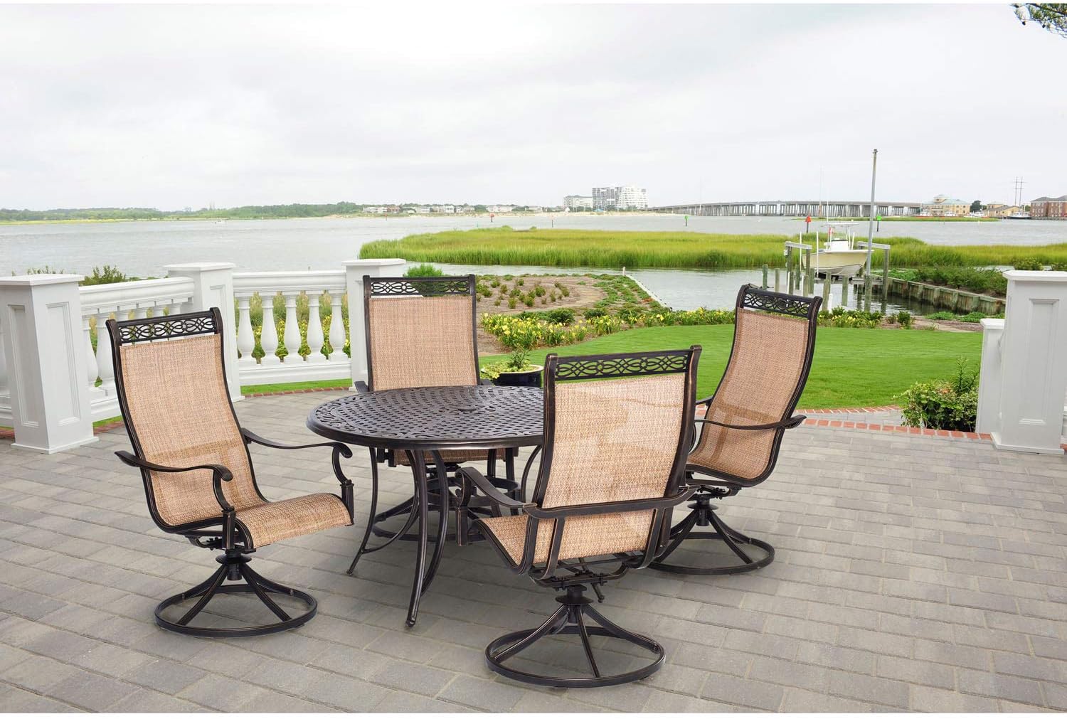 Amazon Com Hanover Mandn5pcsw 4 Chairs And 48 Round Cast Aluminum Table Bronze Manor 5 Piece Outdoor Patio Dining Set 4 Sling Swivel Rocker Tan Garden Outdoor