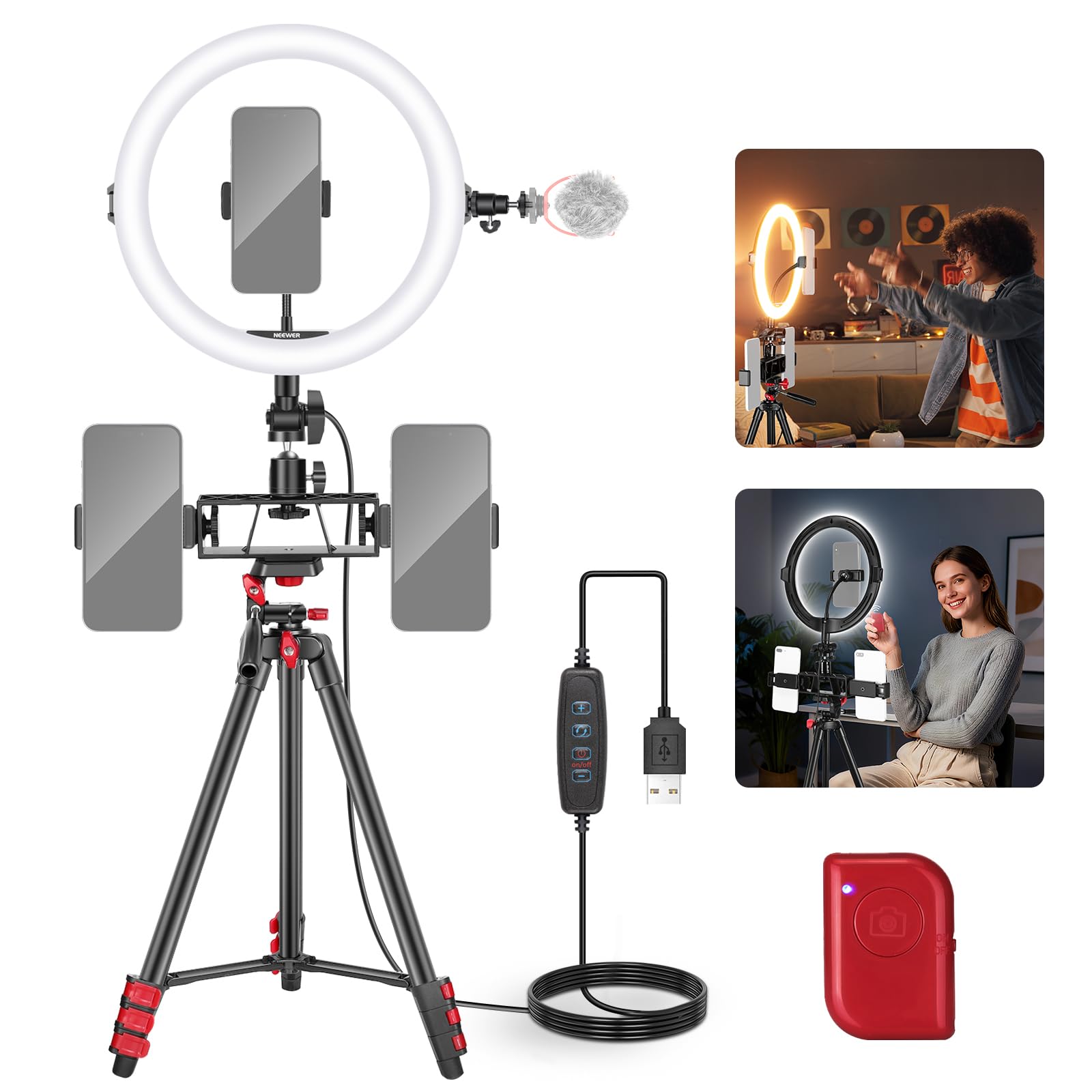 NEEWER Basics 10" Selfie Ring Light with Tripod Stand/3 Phone Holders Compatible with iPhone/3 Cold Shoes/Remote, LED Ringlight Lighting for YouTube TikTok Vlog Video Recording Makeup Streaming, R11