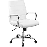 Flash Furniture Whitney Mid-Back Swivel LeatherSoft Desk Chair with Padded Seat and Armrests, Adjustable Height Padded Office Chair, White/Chrome