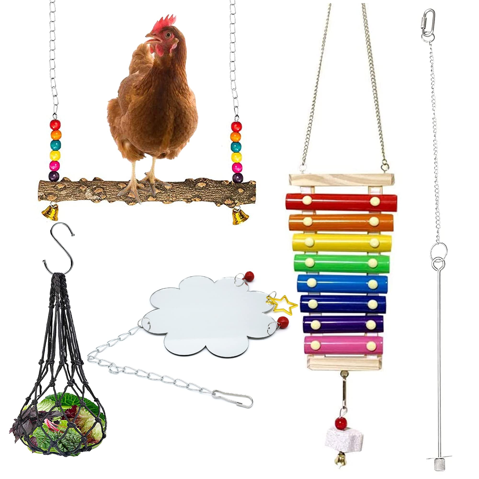 Allazone 5 PCS Chicken Toys for Hens Chicken, Colorful Chicken Swing Toys Swing Perch Stand, Chicken Vegetable Hanging Feeder, Chicken Mirror Toy with Bell for Chicks Hens Parrot Bird