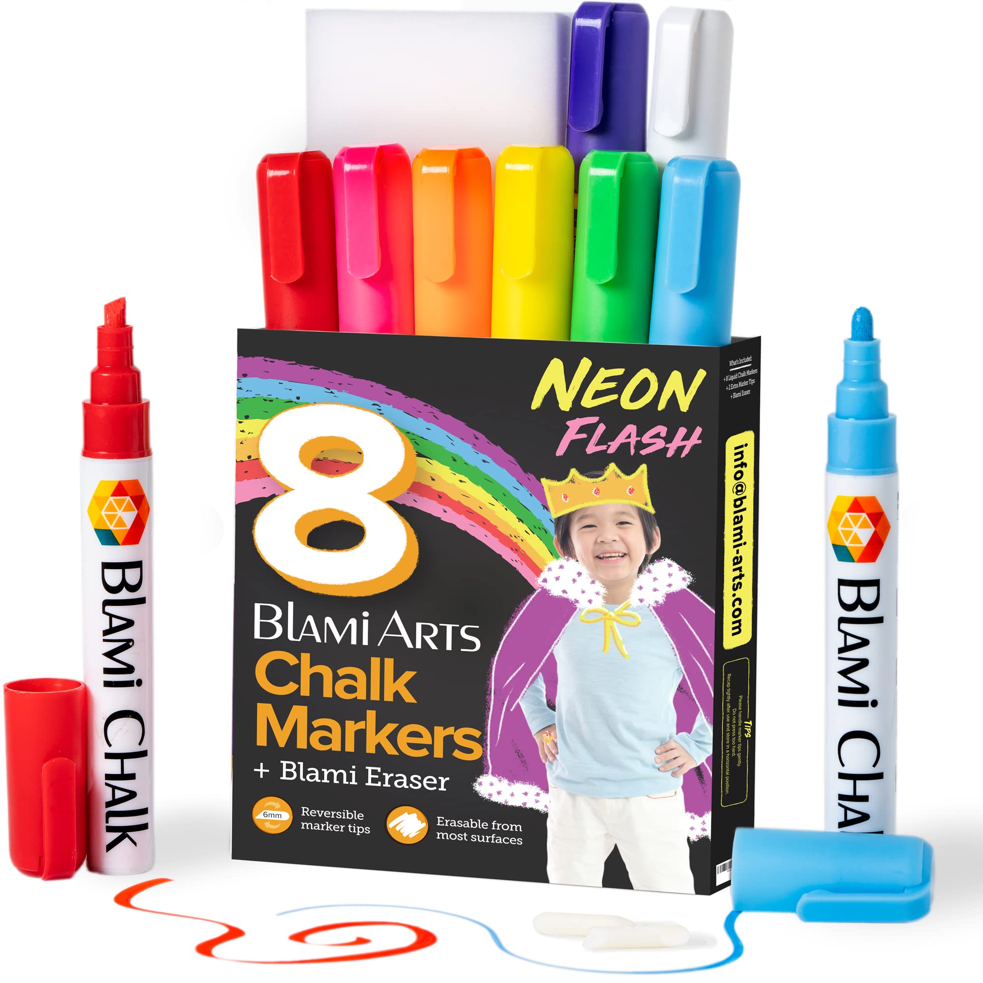 Chalk Markers 8 Pens Set - Neon Vibrant Chalkboard Markers - Non-Toxic Water-based Liquid Chalk Markers with Reversible Tips and Erasing Sponge Included, white, BL606-1