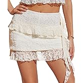 Yousify Womens Y2K Lace Mini Skirt Low Rise Asymmetrical Pleated Ruffle Short Skirts Layered Flowy Fairy Skirts