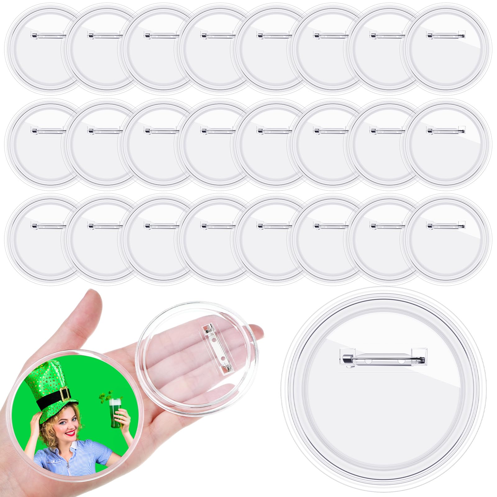Photo 1 of Daifunli 24 Pcs Sublimation Buttons Blanks with Pins 2.25 Inch Sublimation Buttons Pins, Clear Acrylic Heat Transfer Style, Make Your Own Pin Badge for DIY St. Patrick's Day Craft Gifts