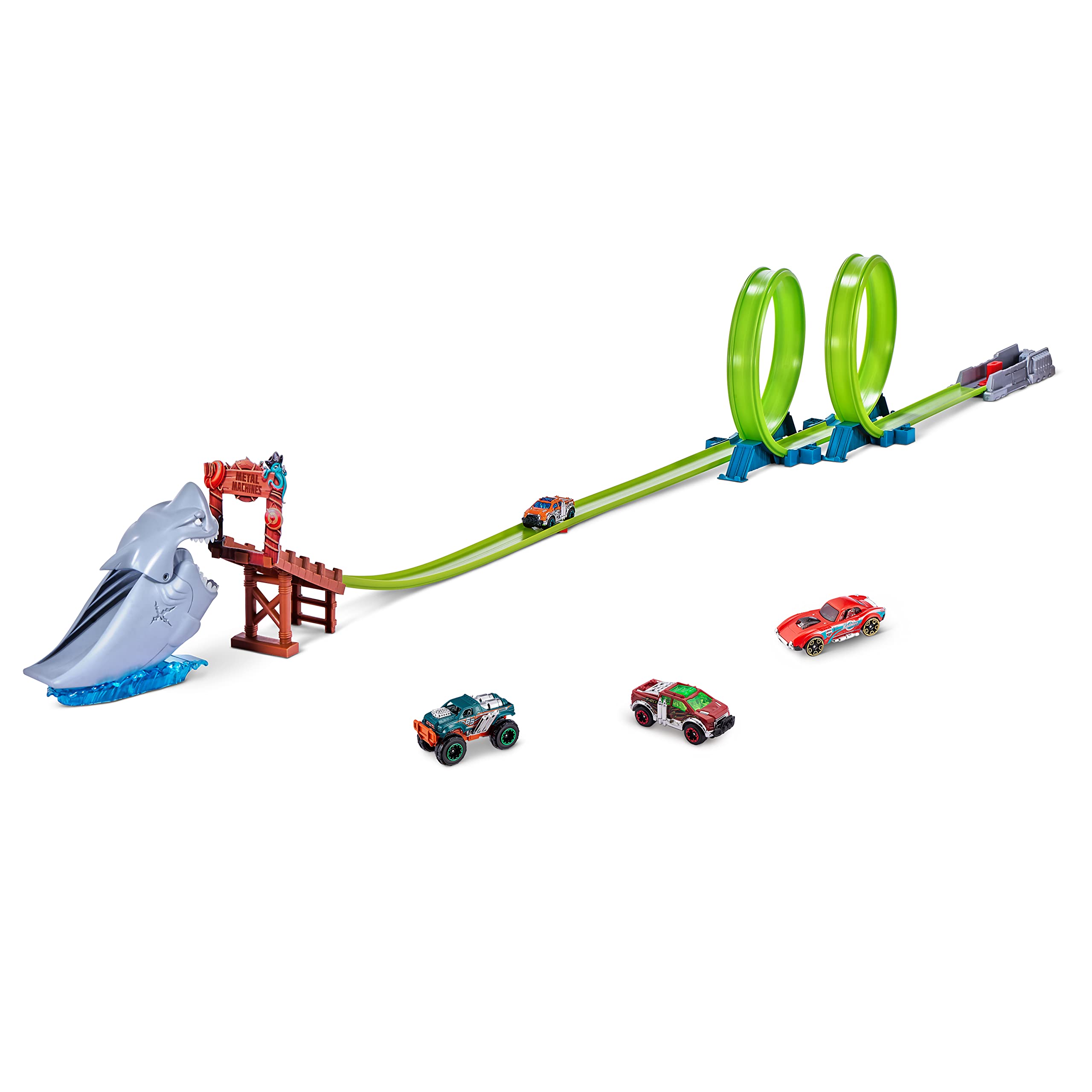 Metal Machines Shark Attack Building Trackset with Mini Racing Car, Diecast Playset