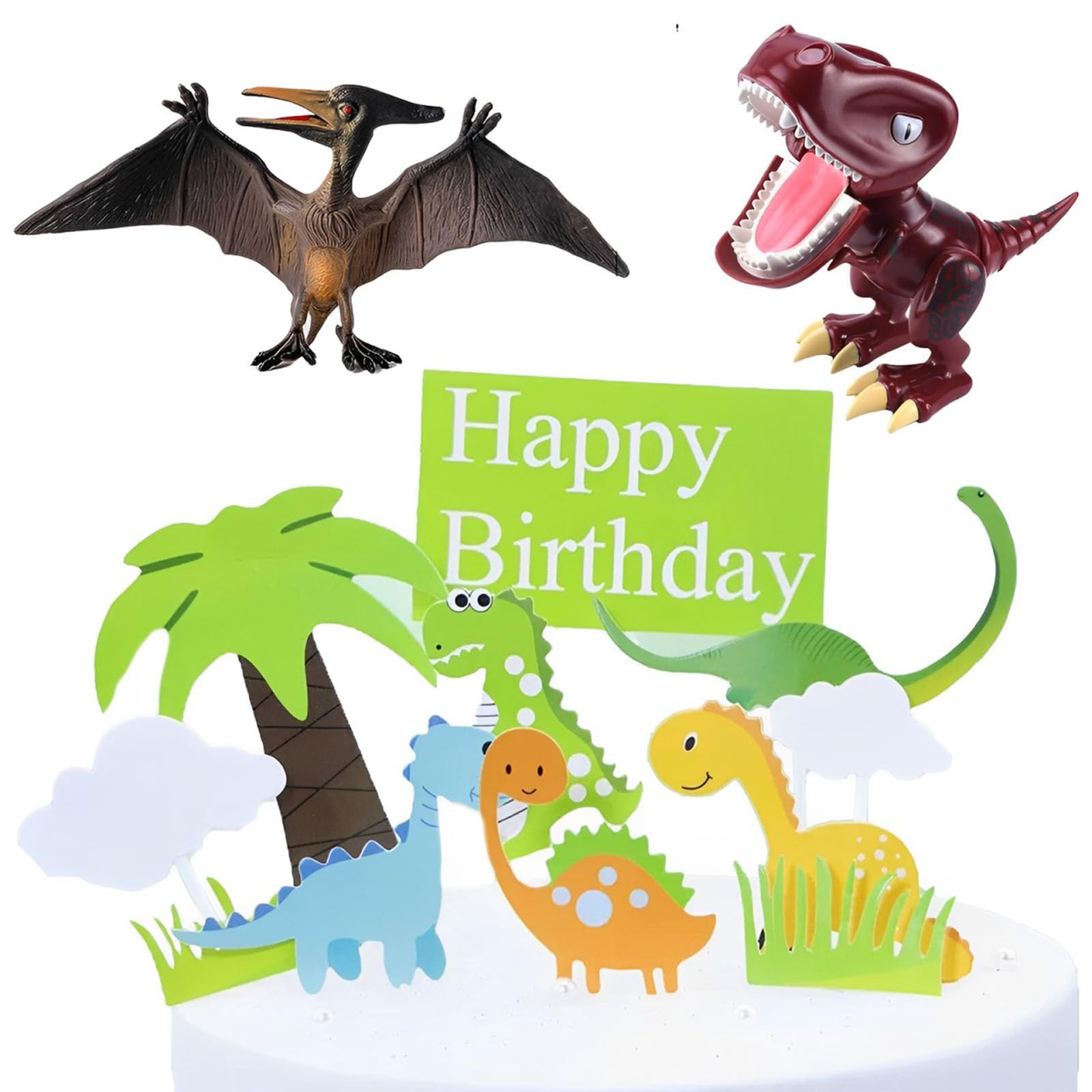 10 Pieces Dinosaur Cupcake Toppers, Dinosaur Party Supplies, Cake Toppers Zoo, Dinosaurs, Tree, Grass and Clouds, for Kids Birthday Party Supplies