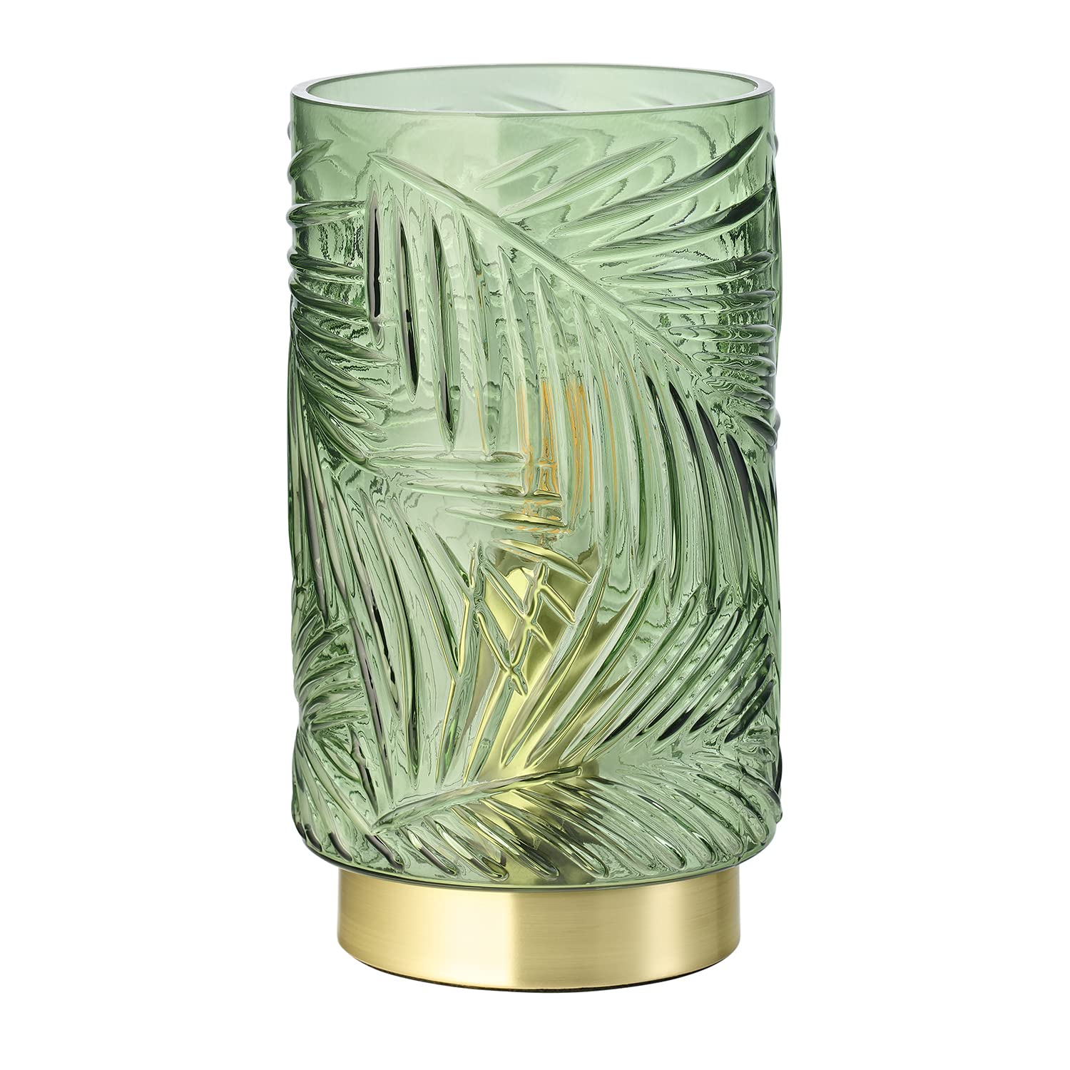 Happy Homewares Modern Palm Tree Emerald Forest Green Glass Floral Table Lamp with Brushed Satin Brass Base | 1 x E14 60w Maximum | 22cm x 12cm | Clear Inline Switch