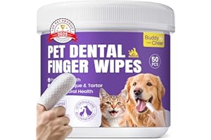 BUDDYCHEER No-Rinse Dog Dental Care Wipes, Cat & Dog tooth brushing kit, Dog Wipes for Pet & Cat Teeth Cleaning, Dog toothbrush Finger Dental Wipes to Remove Plaque & Tartar, Disposable Dog Wipes - 50 Count