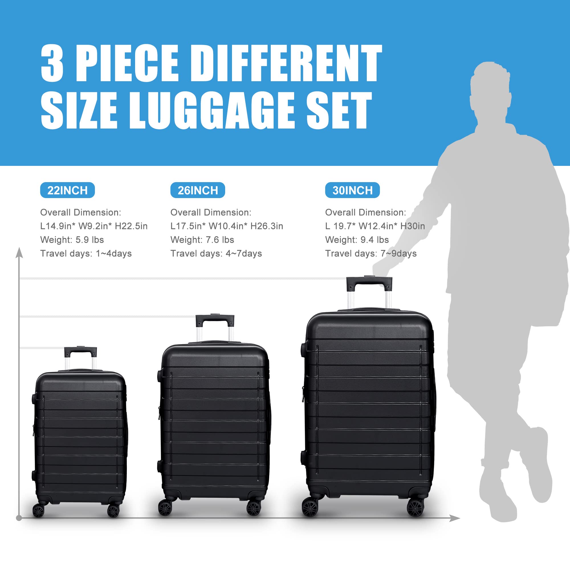 SUPER DEAL Black Luggage Set 3 Piece Hardside Expandable Luggage with Spinner Wheels Hardshell Lightweight Durable Suitcases Travel Carry Ons, 21/26/30 inch