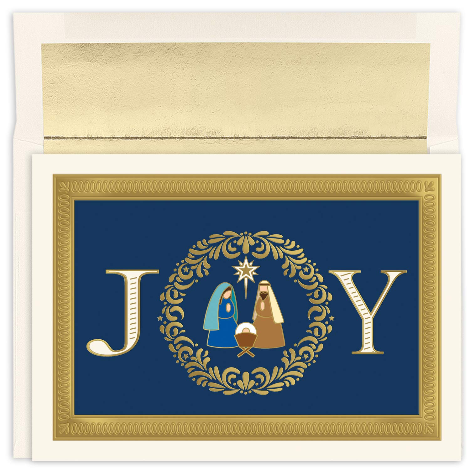 Masterpiece Studios Holiday Collection 16-Count Boxed Embossed Religious Christmas Cards with Foil-Lined Envelopes, 7.8" x 5.6", Joy Nativity