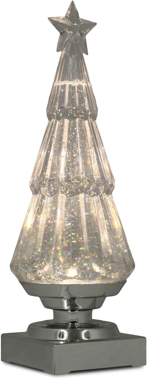 Snow Globes - Raz 11.75 Inch Clear Acrylic Lighted Tree Water Lantern with Swirling Glitter Snow Globe - Silver Base