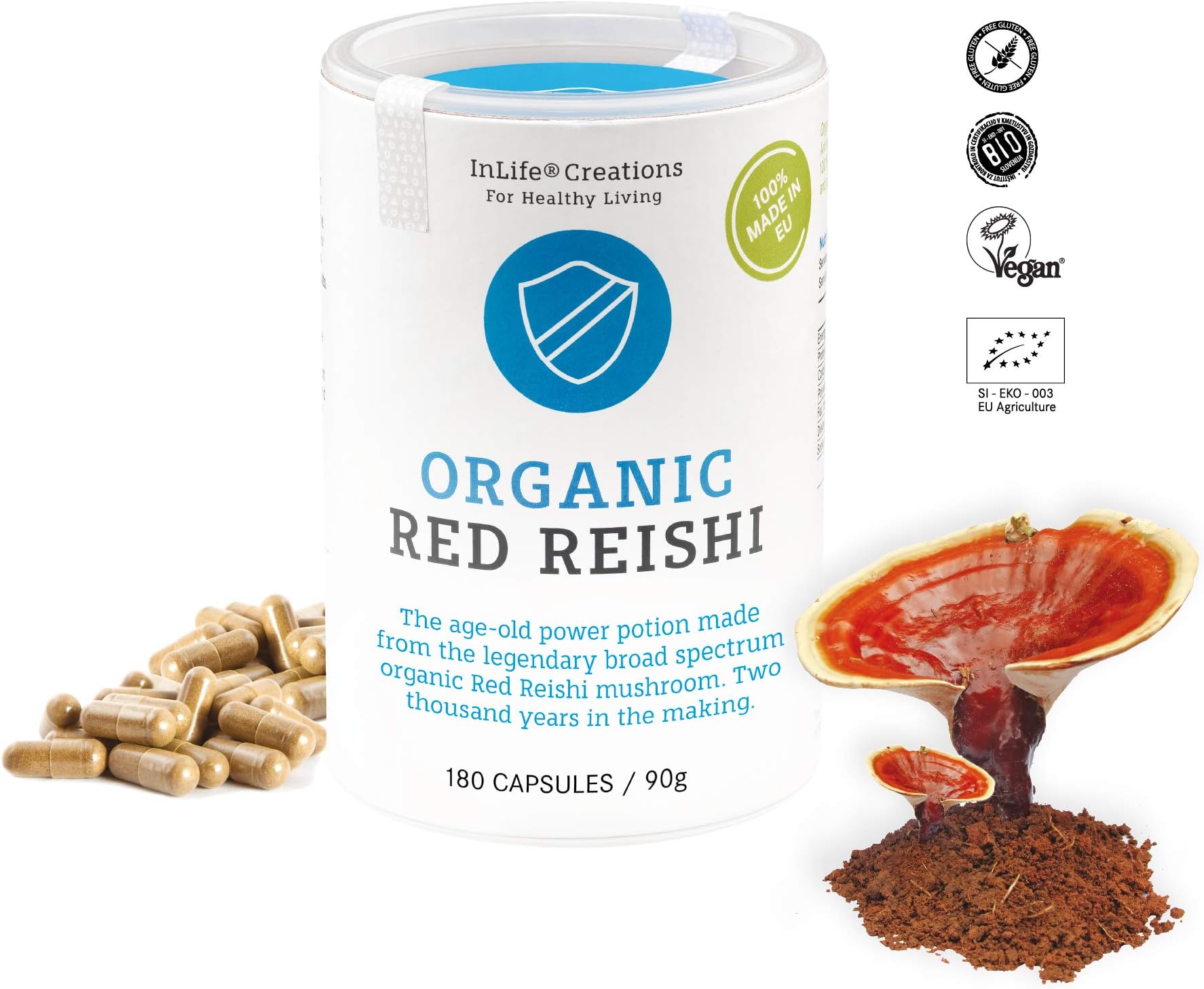 Organic Red Reishi Mushroom | Ganoderma lucidum | Immune System | Host Defence | Allergies | Grown 100% in EU | 180 caps x 500mg | Vegan + GF | Eco Packaging | No 'Non - EU Agriculture' - New Offer