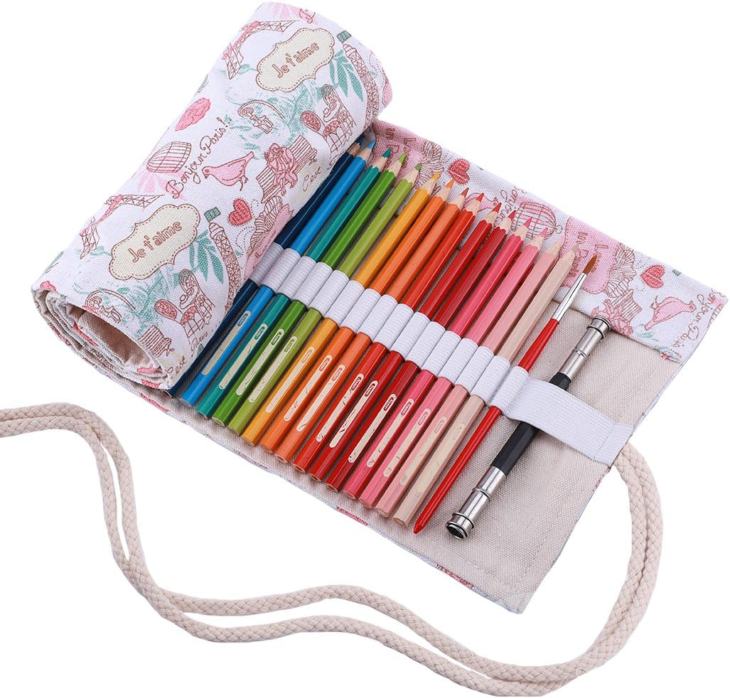 Amoyie Pencil Storage Bag Hand Roll Up Pen Case Bag Pencil Wrap for 36 Coloring Pencil, Easy Use, Paris 36