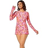 Cagola Long Sleeve Swimsuits for Women Rash Guard Swim Dress Modest Bathing Suit Swim Romper with Built in Bra and Pockets