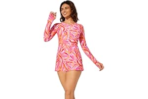 Cagola Long Sleeve Swimsuits for Women Rash Guard Swim Dress Modest Bathing Suit Swim Romper with Built in Bra and Pockets