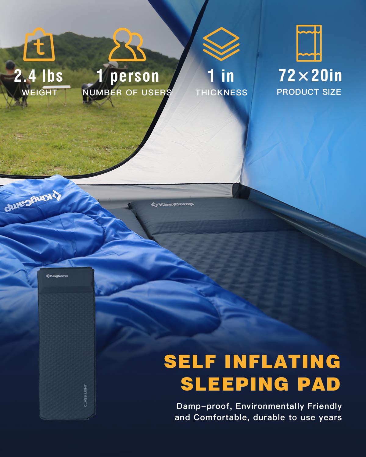 KingCamp CLASSIC Light Comfort Self-Inflating Camping Sleeping Pad with Built-in Pillows