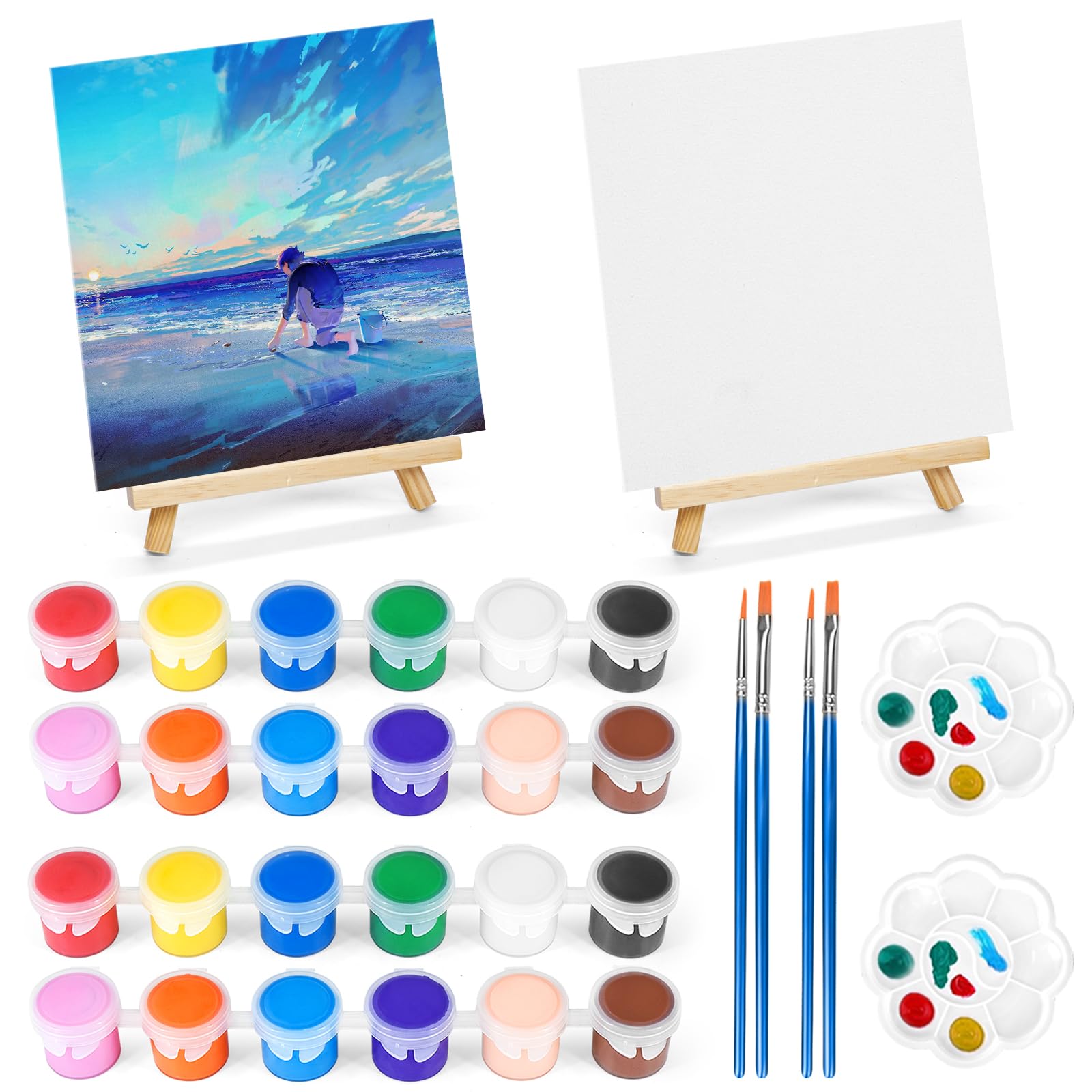 Photo 1 of 2 Pack 8 * 10In Canvas Boards for Painting, Art Canvas for Drawing with 4 Brushes & 2Paint Trays & 4 Acrylic Paint, Mini Painting Canvas with Easel Set, Painting Kits for Adults & Kids Party