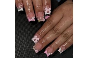 BSBTBZ 24pcs French Tip Press-On Nails - Short, Charms, Bow, Flower Design, Pink, Cute, Square Shape, Acrylic, Rhinestones