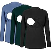Smallshow Women's Nursing Tops Crew Neck Long Sleeve Breastfeeding Shirt 3 Packs