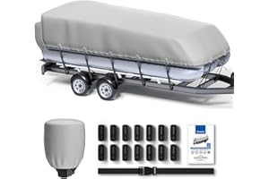 XPORTION Trailerable Pontoon Boat Cover, 25-28FT Waterproof Boat Cover for Pontoon, 800D UV Resistant Marine Grade Polyester Canvas Heavy Duty Boat Cover with Tightening Strap and Motor Cover,Gray