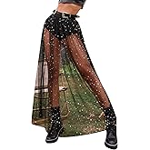 Floerns Women's 2 in 1 Lace Sheer Mesh High Waist Galaxy Print A Line Maxi Skirt