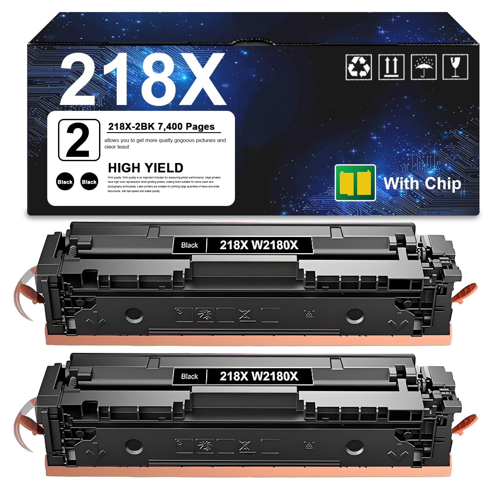 Photo 1 of 218X Black Toner Cartridge (with CHIP) Compatible for W2180X W2180A 218A Toner Cartridges for Color Pro 3201 3201dw MFP 3301cdw 3301fdw 3301sdw Printers (2 Pack)
