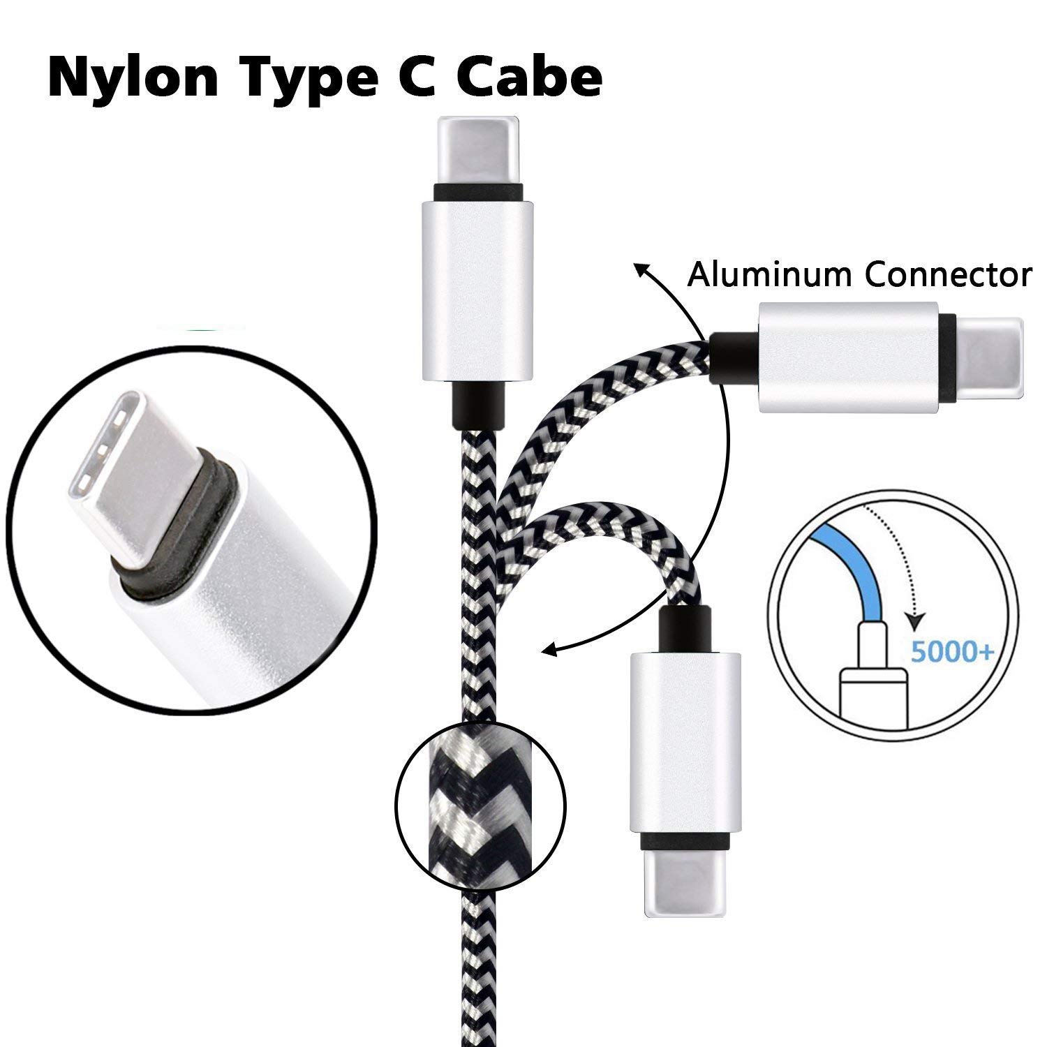 USB Type C Charger Cable [3-Pack, 6ft] Myckuu Fast Quick Charge USB-C Nylon Braided Cord for Samsung S9/S8 Plus, Galaxy Note 9/8, LG Stylo 4/G7 Thinq, Moto G6/Z3, ZTE Blade Zmax - White/Black