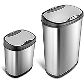 Ninestars Two-Piece Automatic Trash Can Combo Set, 13 Gal (50L) &amp; 3 Gal (12L) Touchless Motion Sensor Garbage Cans with Odor-Sealing Lids, Matching Oval Stainless Steel, Black Trim