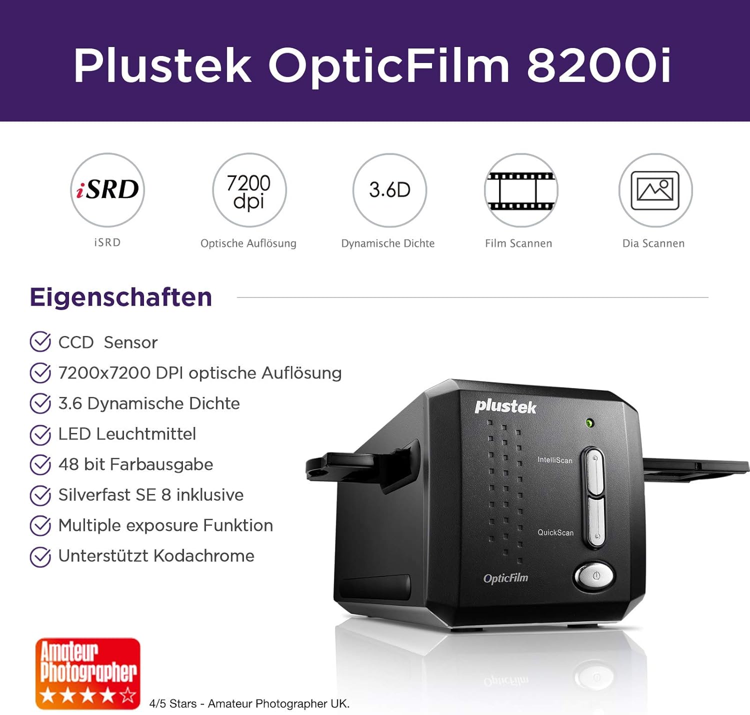 Plustek OpticFilm 8200i SE , 35mm Film & Slide Scanner. 7200 dpi / 48-bit Output. Integrated Infrared Dust/Scratch Removal. Bundle Silverfast SE Plus 8.8 , Support Mac and PC.: Electronics