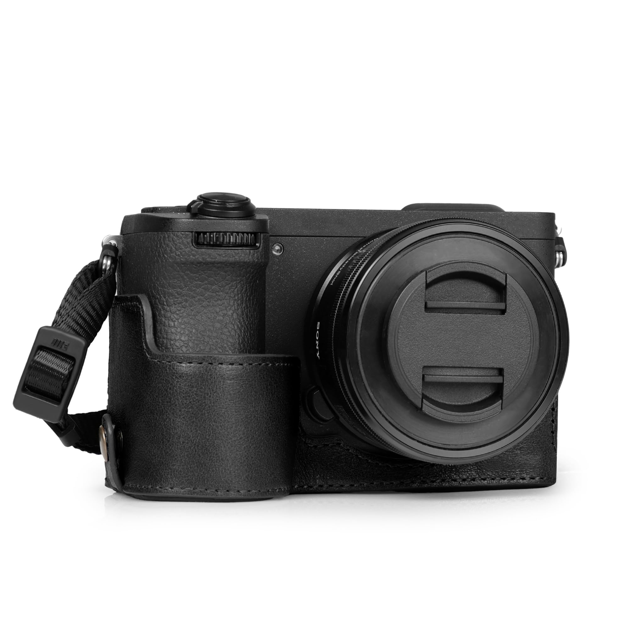 MegaGear Genuine Leather Half Camera Case for Sony Alpha a6700 - Stylish and Protective (Black)