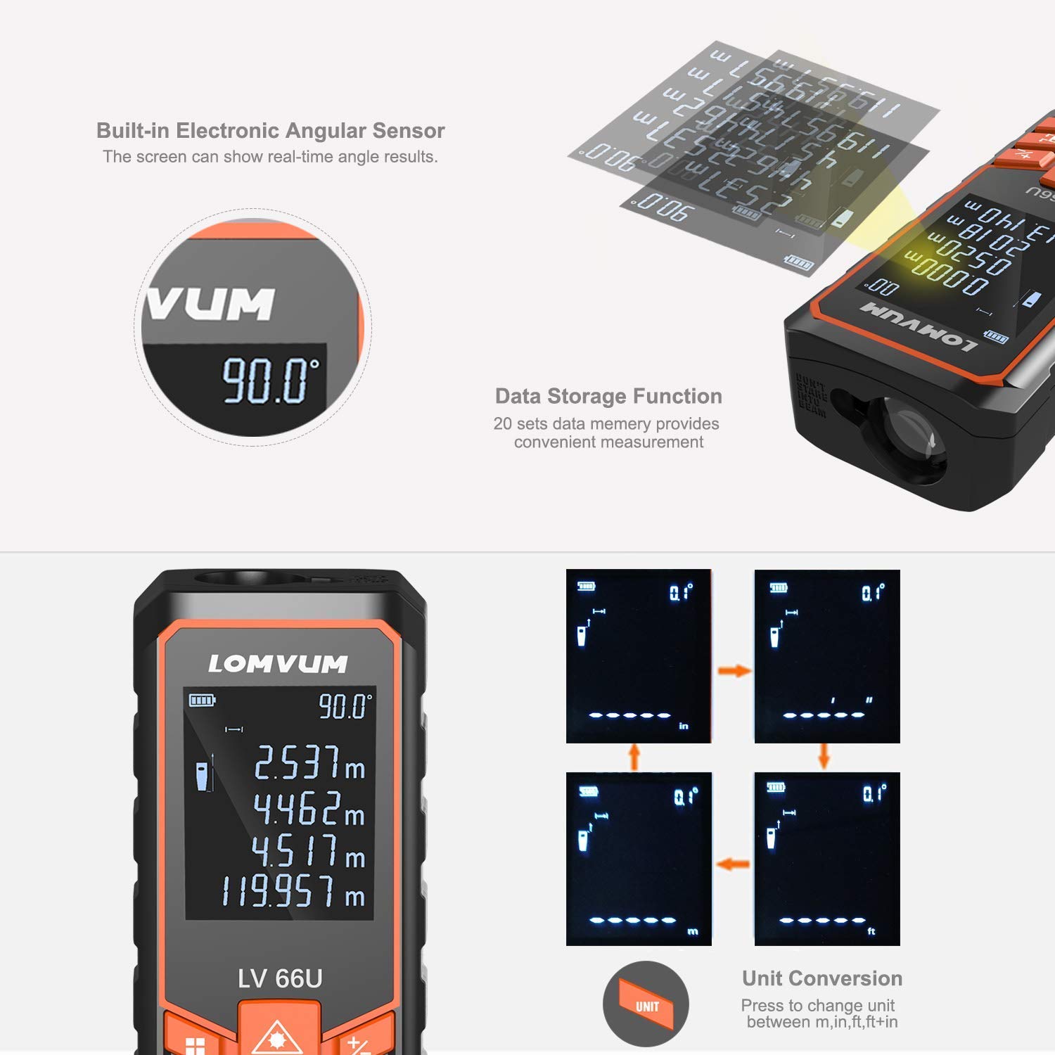 120m Laser Measure,LOMVUM 393ft Digital Laser Distance Meter with Mute Function Large LCD Backlight Display,Measure Distance,Area and Volume,Pythagorean Mode Battery Included