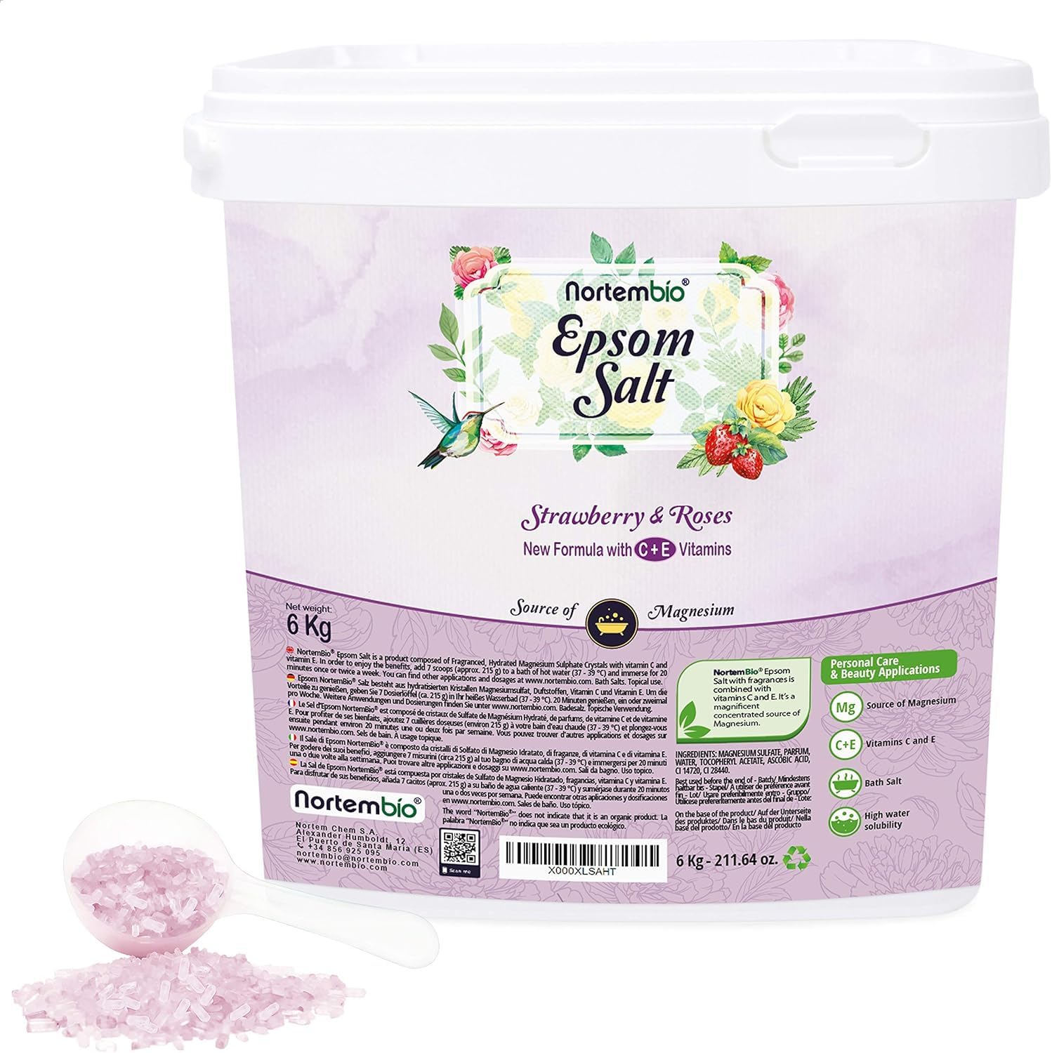 Nortembio Epsom Salt 100% Strawberry & Rose Fragrance 6 kg – Natural Source of Magnesium | with Moisturizing Vitamin C & E | for Relaxing Baths, Spa & Skincare + Free E-Book — image 1