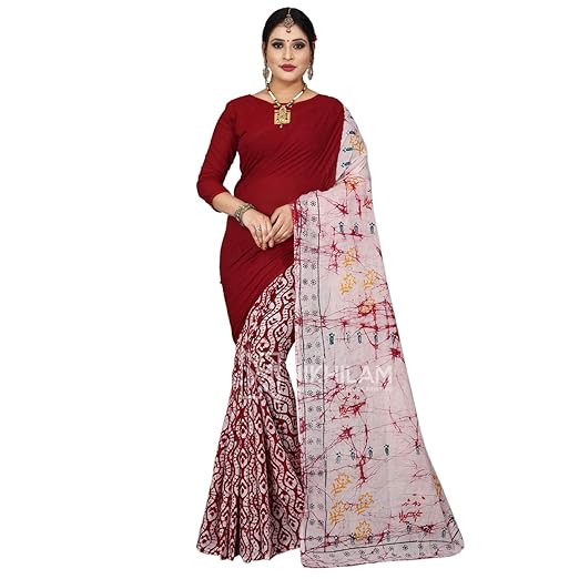 Nikhilam Cotton Hand Block Wax Batik Saree for Womens with Blouse Piece